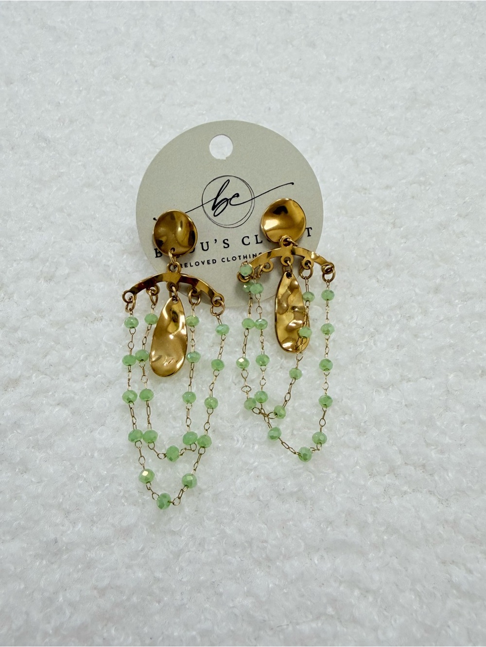 Beaded Light Green and Gold Dangle Earrings by